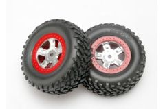 Tires and wheels, assembled, glued (SCT satin chrome wheels, red beadlock style, SCT off-road racing